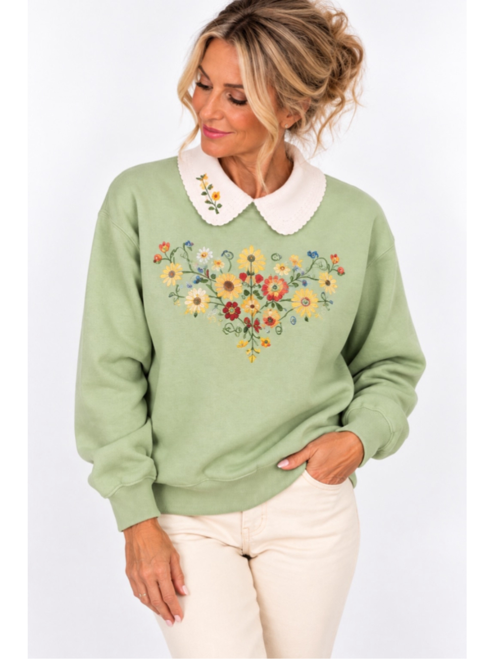 Vintage 90s Grandmacore Floral Sweatshirt M Peter Pan Collar Cottagecore